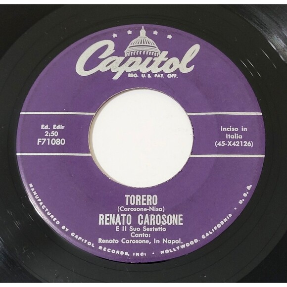 Renato Carosone Torero / Chella Llà 45 RPM Vinyl Capitol VG Canzone '58 - Picture 1 of 2